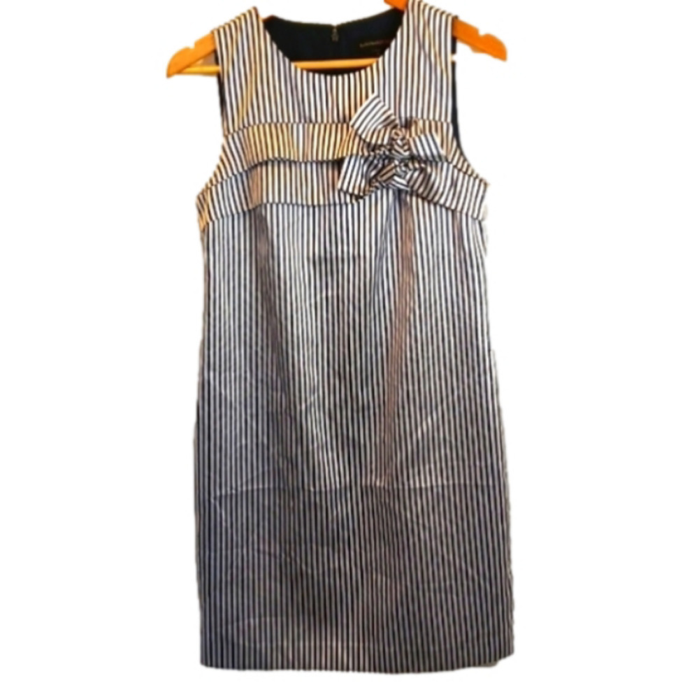 BANANA Republic Silver & Navy Striped Metallic Dress with bowtie detail Sz 6